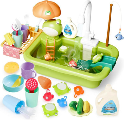 Deao Toys Green Frog Kitchen Play Sink With Running Water Pretend Play Wash-Up Kitchen Sets Upgraded Water Faucet Kids Role Play Dishwasher from B&Q