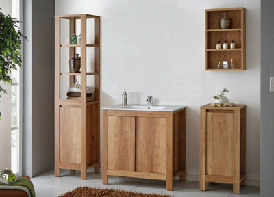 Impact Furniture Bathroom Furniture Set: Freestanding 800 Vanity Sink Cabinet With Tallboy & Wall Unit Oak Effect Classic