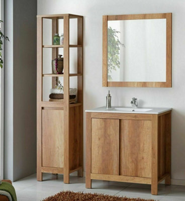 Impact Furniture Bathroom Furniture Set: 800 Sink Vanity, Mirror, Freestanding Storage Cabinet Oak Effect Classic