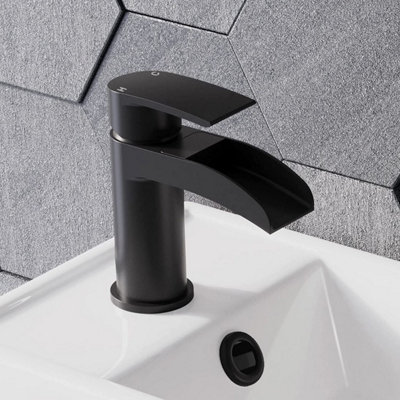 Bathwest Waterfall Matte Black Bathroom Basin Sink Mixer Taps Mono Single Lever Faucet from B&Q