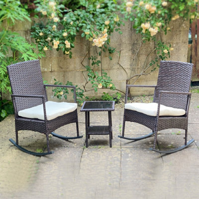 3-Piece Outdoor Rattan Bistro Set2 Seater Patio Rocking Chairs With Glass Top Coffee Table from B&Q