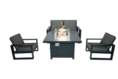 B&Q 4 Seater Aluminum Patio Furniture Set With Fire Pit Table, Sectional Conversation Set - 2 Armchair, Loveseat