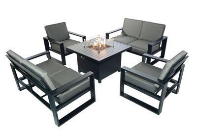 B&Q 6 Seater Aluminum Patio Furniture Set With Fire Pit Table,Sectional Conversation Set - 2 Armchair, 2 Loveseat
