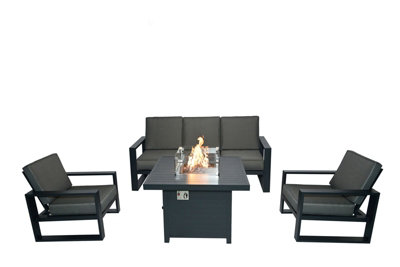 B&Q 5 Seater Aluminum Patio Furniture Set With Fire Pit Table,Sectional Conversation Set - 2 Armchair, 3Seat Sofa