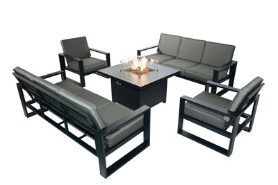 B&Q 8 Seater Aluminum Patio Furniture Set With Fire Pit Table,Sectional Conversation Set - 2 Armchair, 2X3seat Sofa