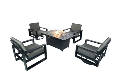 B&Q 5 Pieces Aluminum Patio Furniture Set, Sofa Set With 140Cm Fire Pit Table, Thick Cushion- 2 Armchair, 2 Swivel