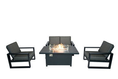 B&Q 4 Pieces Aluminum Patio Furniture Set, Sofa Set With 140Cm Fire Pit Table, Thick Cushion- 2 Armchair, Loveseat