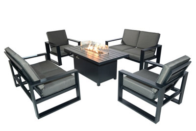 B&Q 5 Pieces Aluminum Patio Furniture Set, Sofa Set With 140Cm Fire Pit Table, Thick Cushion- 2 Armchair, 2XLoveseat