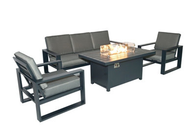 B&Q 4 Pieces Aluminum Patio Furniture Set, Sofa Set With 140Cm Fire Pit Table, Thick Cushion- 2 Armchair, 3 Seater Sofa