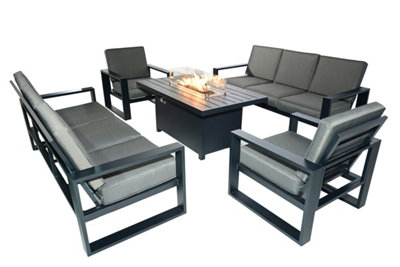 B&Q 5 Pieces Aluminum Patio Furniture Set, Sofa Set With 140Cm Fire Pit Table, Thick Cushion- 2 Armchair, 2X3 Seater Sofa