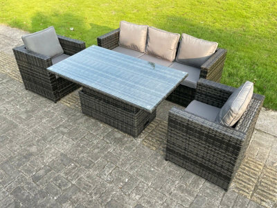 B&Q -  5 Seater Pe Wicker Rattan Garden Furniture Rising Adjustable Lifting Dining Or Coffee Table Sets Chairs Dark Grey Mix