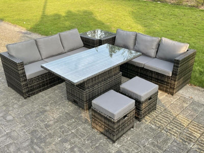 Fimous 8 Seater Pe Wicker Rattan Garden Furniture Rising Adjustable Dining Coffee Table Sets Footstool With Side Table from B&Q
