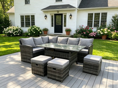 Fimous 9 Seater Rattan Garden Furniture Corner Sofa Dining Table Sets Outdoor Patio With 3 Stools