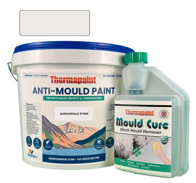 Kingfisher Building Products Thermapaint Anti-Mould Paint 5L - With Free Mould Cure - Borrowdale Stone - For Bathrooms, Kitchens, Bedroom Walls & Ceilings