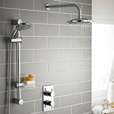 Clifton Chrome Thermostatic Concealed Mixer Shower With Wall Mounted Slide Rail Kit & Overhead Drencher (Lake)2 Shower Heads from B&Q