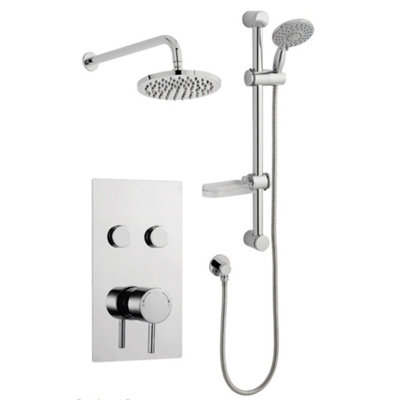 Clifton Chrome Twin Round Push Button Concealed Thermostatic Mixer Shower + Slide Rail Kit & Overhead Drencher (Lake)2 Shower Heads from B&Q