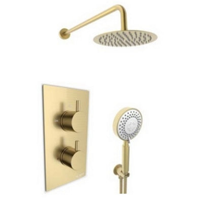 Clifton Brushed Brass Thermostatic Concealed Shower With Separate Hand Shower & Fixed Overhead Drencher (Waterfall)2 Shower Heads from B&Q