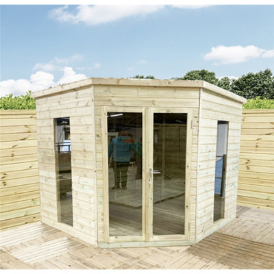 Marlborough 7 X 7 Corner Pressure Treated T&g Pent Summerhouse + Safety Toughened Glass + Euro Lock + Key (7' X 7' / 7Ft X 7Ft)