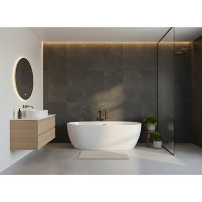 B&Q -  Riverfall Charcoal Porcelain Tiles (6 Pack-1 Box-1.11M2 Coverage)-BathroomMatt Stone EffectInspired Weathered Stone