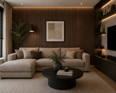 MarlboroughPack Of 5 (Total 5 Units) Acoustic Wood Wall PanelRustic Cedar Lite600mm (W) X 2400mm (L) X 18mm (D)Lounge from B&Q