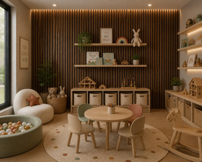 MarlboroughPack Of 16 (Total 16 Units) Acoustic Wood Wall PanelRustic Cedar 600mm (W) X 2400mm (L) X 18mm (D)Playroom from B&Q