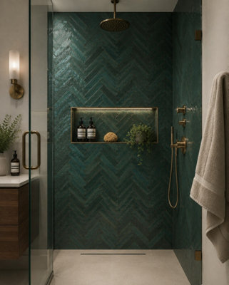 Marlborough Calviro Forest Green Gloss Tiles (360 Pack10 Box5.2M2 Coverage)ShowerInspired By European Ceramic Design. from B&Q