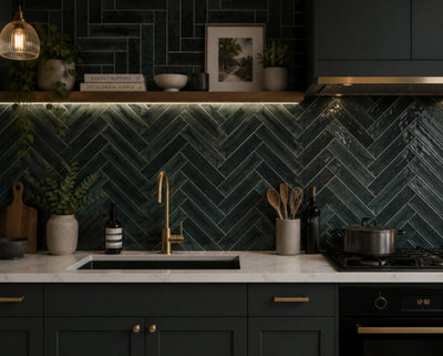 Marlborough Calviro Forest Green Gloss Tiles (360 Pack10 Box5.2M2 Coverage)KitchenInspired By European Ceramic Design. from B&Q