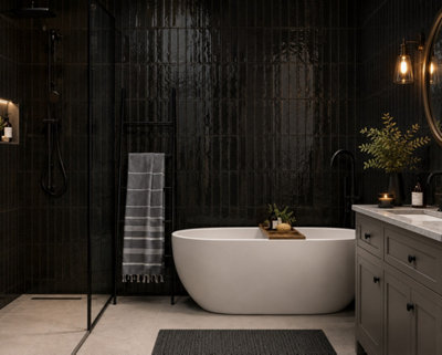 Marlborough Calviro Liquorice Gloss Tiles (360 Pack10 Box5.2M2 Coverage)Bathroom Inspired By European Ceramic Design. from B&Q