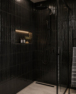 Marlborough Calviro Liquorice Gloss Tiles (360 Pack10 Box5.2M2 Coverage)ShowerInspired By European Ceramic Design. from B&Q