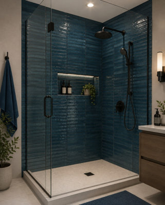 Marlborough Calviro Flute Ink Blue Gloss Tiles (360 Pack10 Box5.2M2 Coverage)ShowerInspired By European Ceramic Design. from B&Q