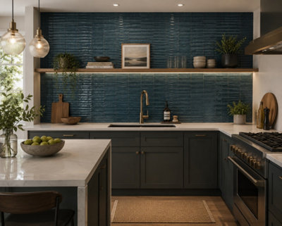 Marlborough Calviro Flute Ink Blue Gloss Tiles (720 Pack20 Box10.4M2 Coverage)KitchenInspired By European Ceramic Design. from B&Q