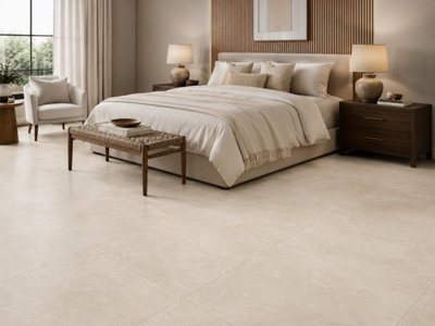 B&Q -  Hartham Beige Matt Porcelain Floor Tiles (3 Pack-1 Box-1.08M2 Coverage)Bedroom60Cmx 60Cm- Elegant Stone-Inspired Finish