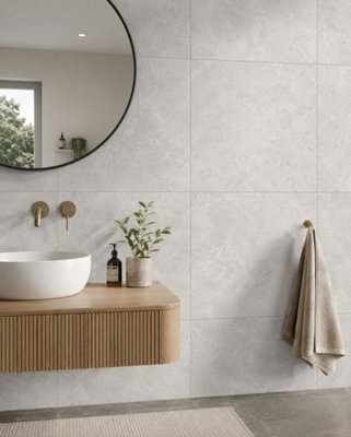 B&Q -  Hartham Chalk Matt Porcelain Wall Tiles (45 Pack-15 Box-16.2M2 Coverage)Sink60Cmx 60Cm- Elegant Stone-Inspired Finish