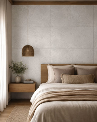 B&Q -  Hartham Chalk Matt Porcelain Wall Tiles (45 Pack-15 Box-16.2M2 Coverage)Bedroom60Cmx 60Cm- Elegant Stone-Inspired Finish