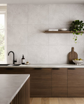B&Q -  Hartham Chalk Matt Porcelain Wall Tiles (9 Pack-3 Box-3.24M2 Coverage)Kitchen60Cmx 60Cm- Elegant Stone-Inspired Finish