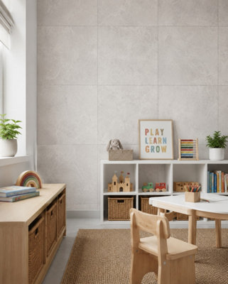 B&Q -  Hartham Chalk Matt Porcelain Wall Tiles (45 Pack-15 Box-16.2M2 Coverage)Playroom60Cmx 60Cm- Elegant Stone-Inspired Finish