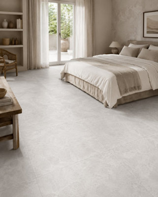 B&Q -  Hartham Chalk Matt Porcelain Floor Tiles (60 Pack-20 Box-21.6M2 Coverage)Bedroom60Cmx 60Cm- Elegant Stone-Inspired Finish