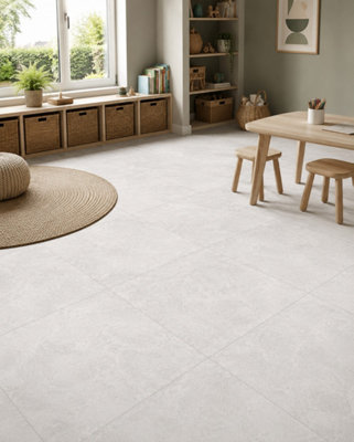 B&Q -  Hartham Chalk Matt Porcelain Floor Tiles (3 Pack-1 Box-1.08M2 Coverage)Playroom60Cmx 60Cm- Elegant Stone-Inspired Finish