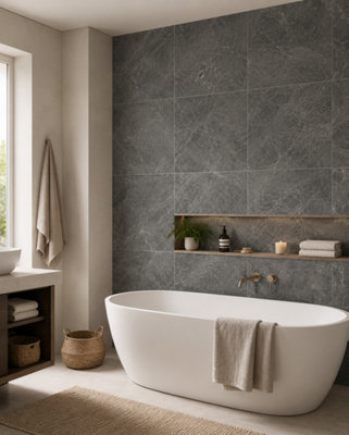 B&Q -  Hartham Charcoal Matt Porcelain Wall Tiles (60 Pack-20 Box-21.6M2 Coverage)Bathroom60Cmx 60Cm- Elegant Stone-Inspired Finish