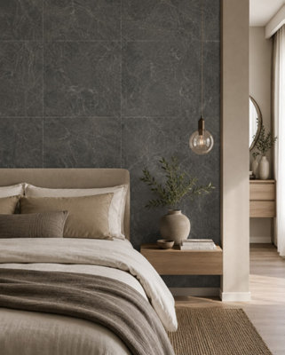 B&Q -  Hartham Charcoal Matt Porcelain Wall Tiles (45 Pack-15 Box-16.2M2 Coverage)Bedroom60Cmx 60Cm- Elegant Stone-Inspired Finish