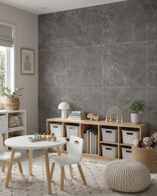 B&Q -  Hartham Charcoal Matt Porcelain Wall Tiles (60 Pack-20 Box-21.6M2 Coverage)Playroom60Cmx 60Cm- Elegant Stone-Inspired Finish