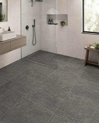 B&Q -  Hartham Charcoal Matt Porcelain Floor Tiles (60 Pack-20 Box-21.6M2 Coverage)Shower60Cmx 60Cm- Elegant Stone-Inspired Finish