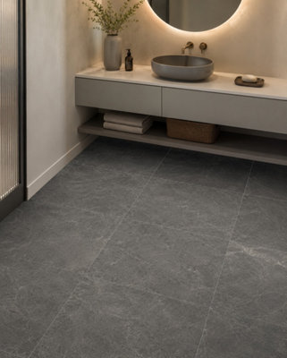 B&Q -  Hartham Charcoal Matt Porcelain Floor Tiles (3 Pack-1 Box-1.08M2 Coverage)Sink60Cmx 60Cm- Elegant Stone-Inspired Finish