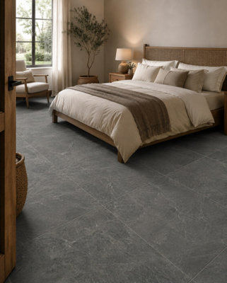B&Q -  Hartham Charcoal Matt Porcelain Floor Tiles (30 Pack-10 Box-10.8M2 Coverage)Bedroom60Cmx 60Cm- Elegant Stone-Inspired Finish