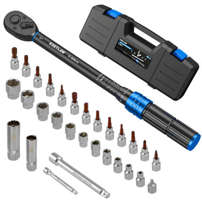 Kretlaw 3 / 8 Torque Wrench Set 30 Pcs5-60 Nm Drive Click (72 Teeth 3% Accuracy) With ExtensionsSocketsAdapter For Bike from B&Q