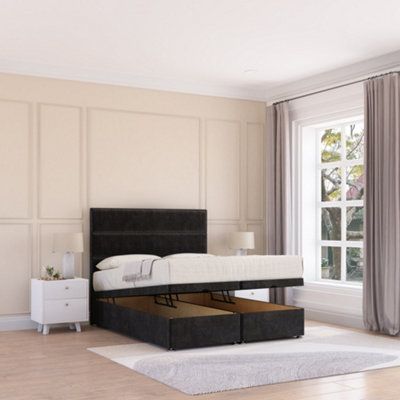 Sloomy Texas End Lift Ottoman Bed 5Ft With Sprung Memory MattressBlack Plush & Headboard- King from B&Q