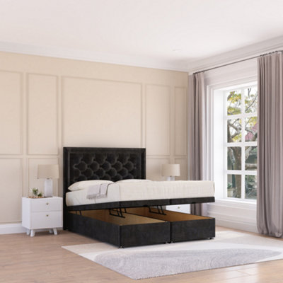 Sloomy Montana End Lift Ottoman Bed 4Ft With Sprung Memory MattressBlack Plush & Headboard- Small Double from B&Q