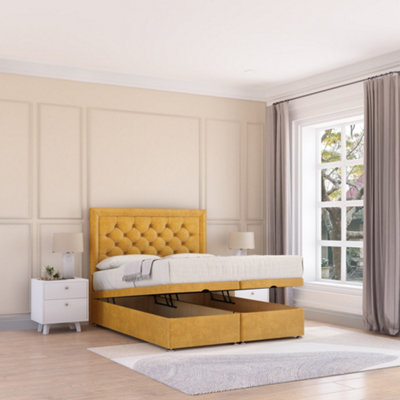 Sloomy Montana End Lift Ottoman Bed 6Ft With Sprung Memory MattressMustard Plush & Headboard- Super King from B&Q