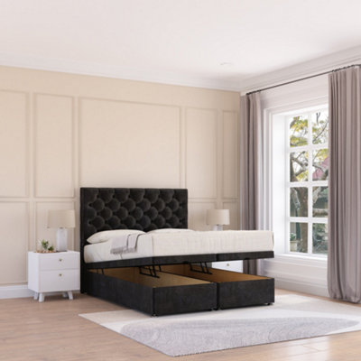 Sloomy Mayfair End Lift Ottoman Bed 3Ft With Sprung Memory MattressBlack Plush & Headboard- Single from B&Q