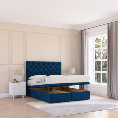 Sloomy Mayfair End Lift Ottoman Bed 4Ft With Sprung Memory MattressNavy Plush & Headboard- Small Double from B&Q